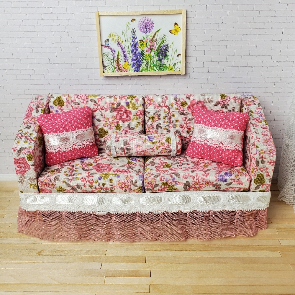 Miniature Dollhouse Handmade Shabbychic Floral Sofal 1:12 Scale